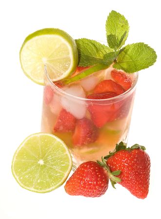 Cocktail lime slice and strawberry on whiteの写真素材