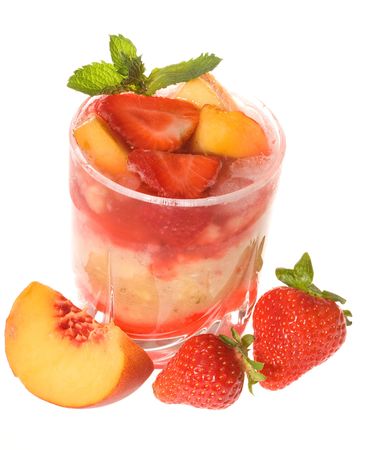 alcohol cocktail with strawberry and peach on whiteの写真素材