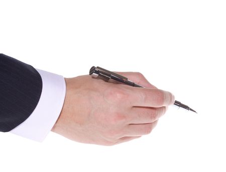 Business man hand holding pen isolated on white backgroundの写真素材