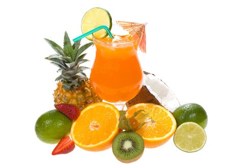 Orange fruit cocktail isolated on white backgroundの写真素材