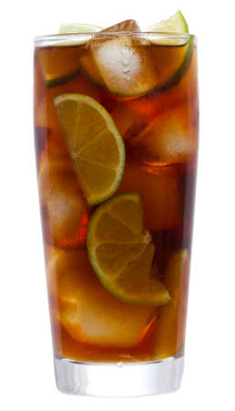 cocktail with lime and cola on white backgroundの写真素材