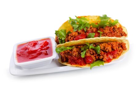 tacos with fresh tomatoes salsa on white backgroundの写真素材