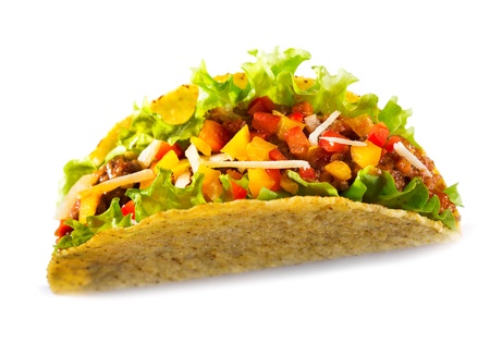 taco with meat vegetables on white backgroundの写真素材