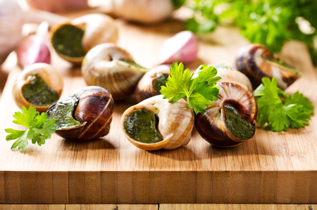 escargots with parsley on wooden tableの写真素材