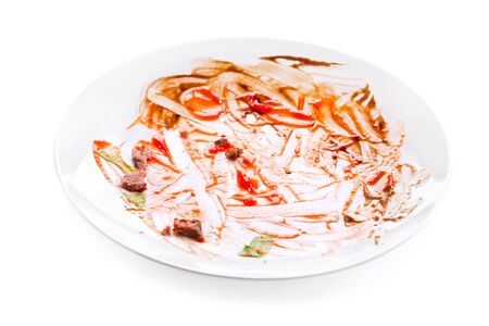 empty dirty plate on white backgroundの写真素材
