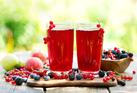 glasses of fresh fruit drinks with fresh berries on wooden table