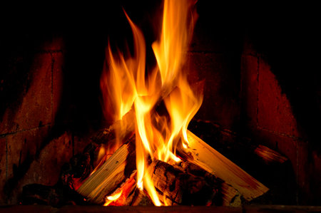 Burning wood in brick fireplace