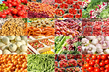 collage of various fruits and vegetables in a farmers marketの写真素材