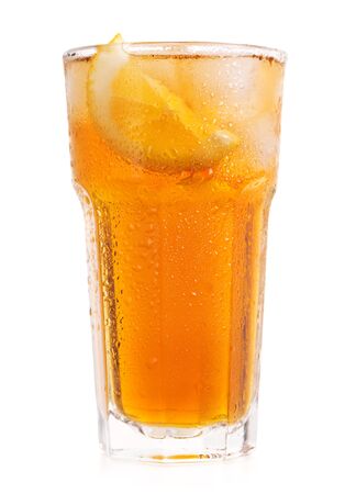 glass of iced tea with lemon isolated on white backgroundの写真素材