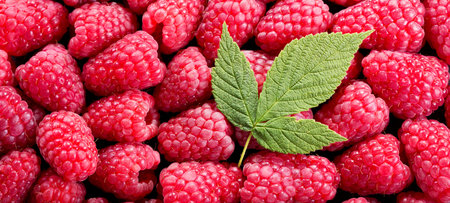 fresh raspberries with leaves as background, top view