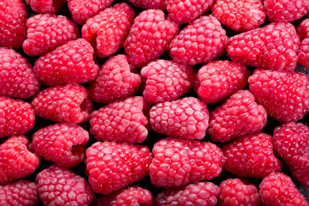 fresh raspberries as background, top view