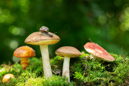 Edible mushrooms in a forest on green background,
