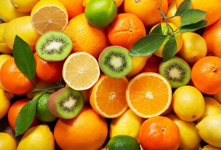 mix of fresh fruits as background, top viewの写真素材