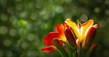 close up of orange clivia flowers or natal lily on green background in a garden