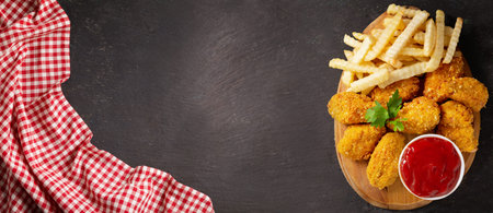 fried chicken and french fries on a dark background, top view