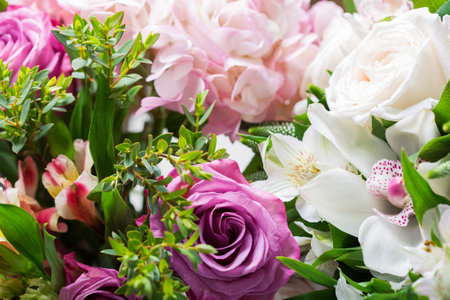 close up of bouquet of various flowers as background