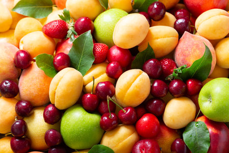 fresh ripe fruits and berries as background, top viewの写真素材