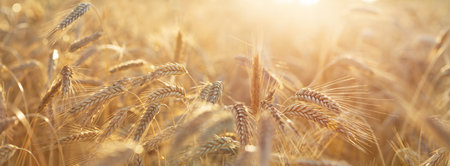 Close up of rye ears, field of ripening rye in a summer day. Sunrise or sunset timeの写真素材
