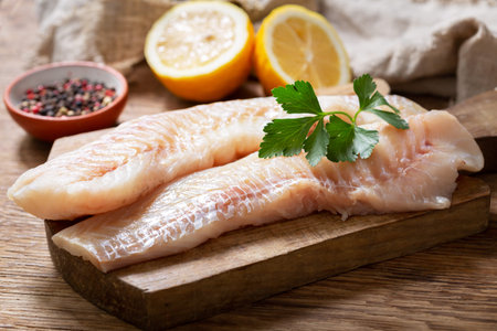 fresh fish fillet of cod with ingredients for cooking on a wooden board