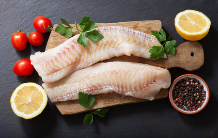 fresh fish fillet of cod with ingredients for cooking on a wooden board, top view