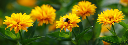 Summer flowers. Blooming orange flowers on green background in a gardenの写真素材