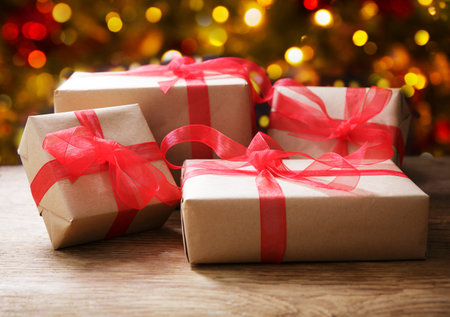 Christmas gift boxes on a festive background