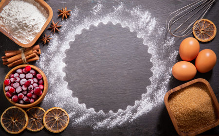 Christmas food. Ingredients for Christmas baking: kitchen utensils, frozen cranberries, eggs, flour on a dark table, top viewの写真素材