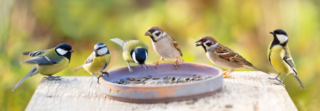 Group of little birds perching on a bird feeder with sunflower seeds