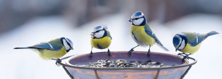Group of little songbirds sitting on a bird feeder with seeds of sunflower. Blue Tit (Parus caeruleus)の写真素材