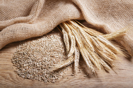 Rye grains and ears on wooden table, top view