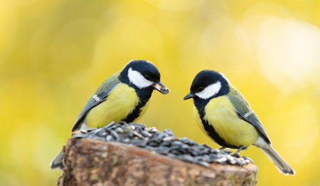 Two little birds perching on the tree stump with sunflower seeds. Great Titの写真素材