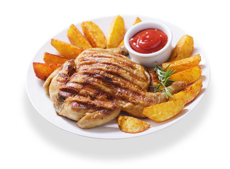plate of grilled chicken with potatoes isolated on white backgroundの写真素材