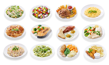 set of plates of food isolated on a white backgroundの写真素材