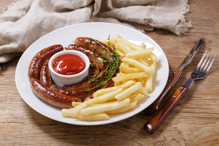 plate of grilled sausages and french fries on wooden tableの写真素材