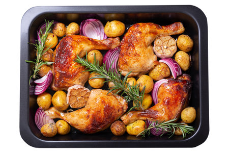 Chicken legs with potatoes and rosemary in a baking dish isolated on white background, top viewの写真素材