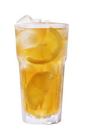 glass of iced tea with lemon isolated on white backgroundの写真素材