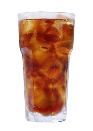glass of cola with ice isolated on white backgroundの写真素材