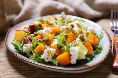 plate of salad with baked pumpkin and cream cheese on wooden tableの写真素材