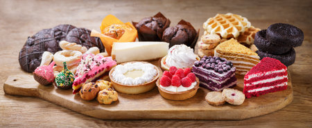 Sweet dessert. Various pieces of cakes, muffins and cookies on wooden boardの写真素材