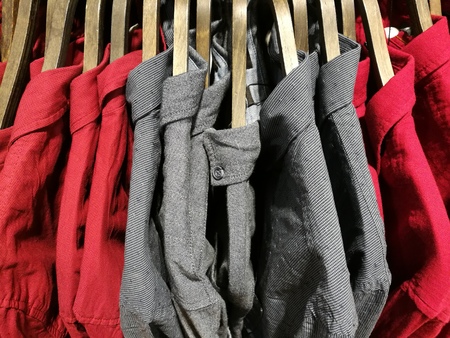 Summer fashion in gray and red in a jeans store at Adapazari in the province of Sakarya in Turkeyの写真素材