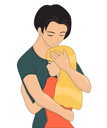 Young couple is hugging. Closing eyes. Vector illustration isolated on whiteのイラスト素材