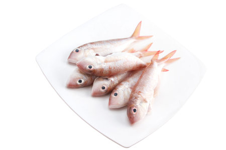 raw fish on white plate isolate on white background.