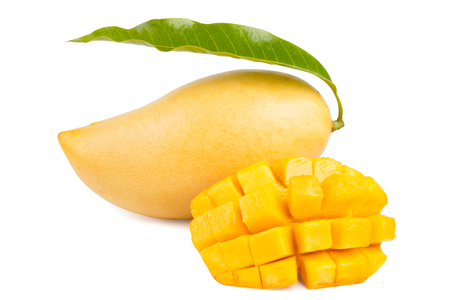 Mango with leaf and slice isolated.の写真素材