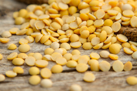 Soybean, Close up heap of peeled soy on wooden table