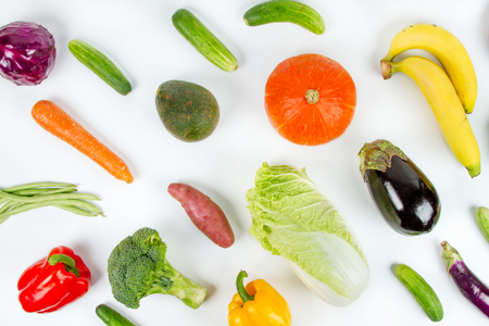 Various Fruits and Vegetable flat lay on white background, Top viewの写真素材