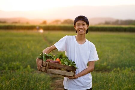 Happy asia farmer smiling and hold full basket of organic vegetable standing in middle farm at sunset on backgroundの写真素材