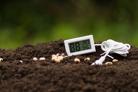 Seed of vegetable growing on soil and Humidity thermometer checking soil moisture metaphor technology of agriculture, Greenhouse gardening, organic farm quality controlの写真素材
