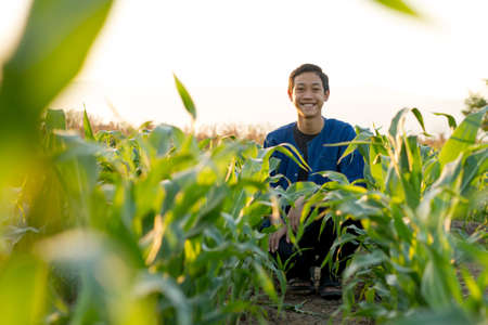 Happy Asian farmer smiling in the corn farm.の写真素材