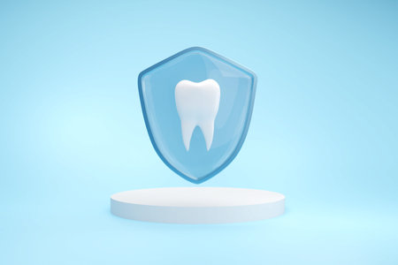 Tooth with shield on blue background metaphor teeth protection and healthy oral.