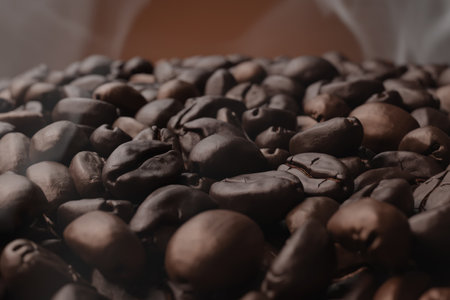 stack of roasted coffee beans for cafe and coffee productの写真素材